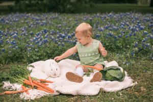 Photo of boy with bunny in flowers